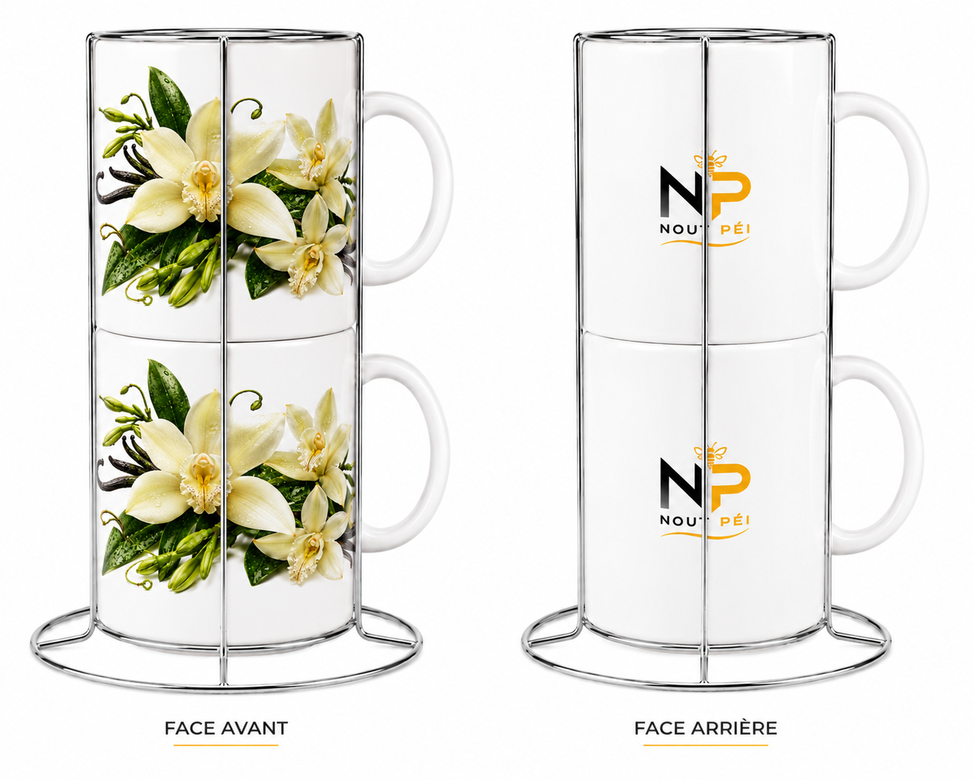 Coffret Duo 2 Tasses Blanches 8 oz avec Support – Édition Fleur de Vanille | Nout Péi