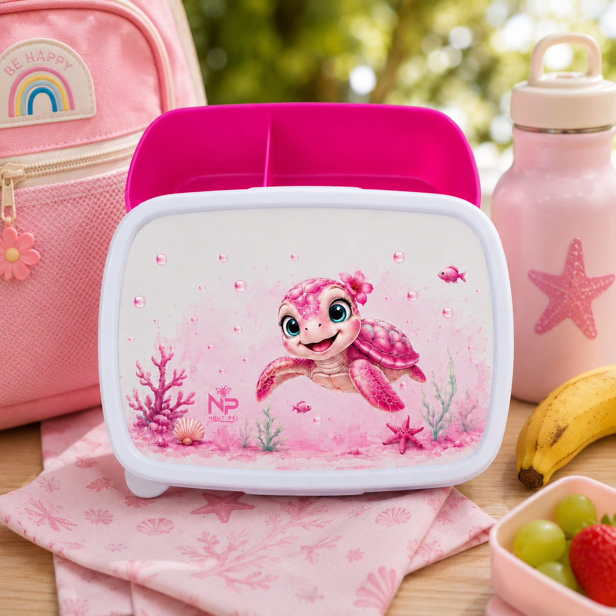 Boîte à Goûter Personnalisable – Édition Ti Tortue Rose | Nout Péi