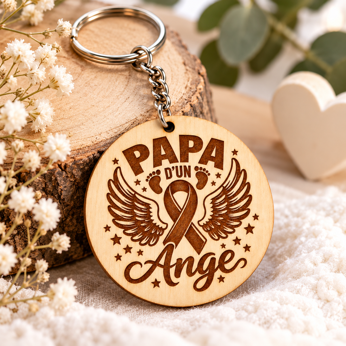 Porte-clés en bois « Papa d’un Ange » – Gravure laser – Solidaire