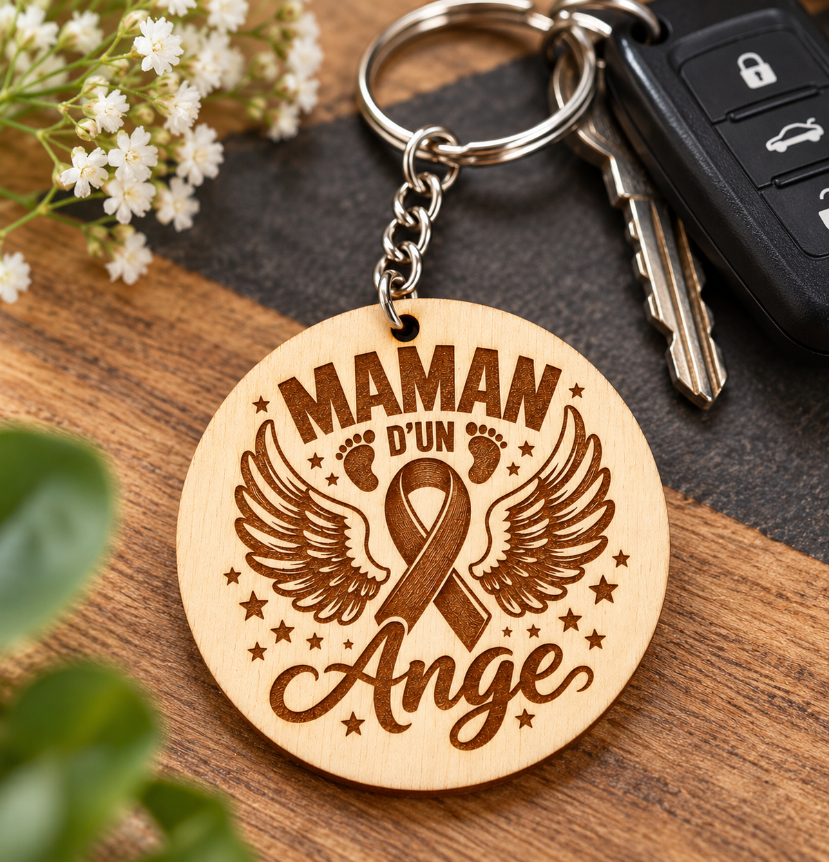 Porte-clés en bois « Maman d’un Ange » – Gravure laser – Solidaire