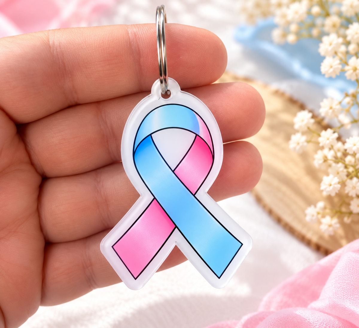Porte-clés Ruban Rose et Bleu – Deuil Périnatal – Plexiglas