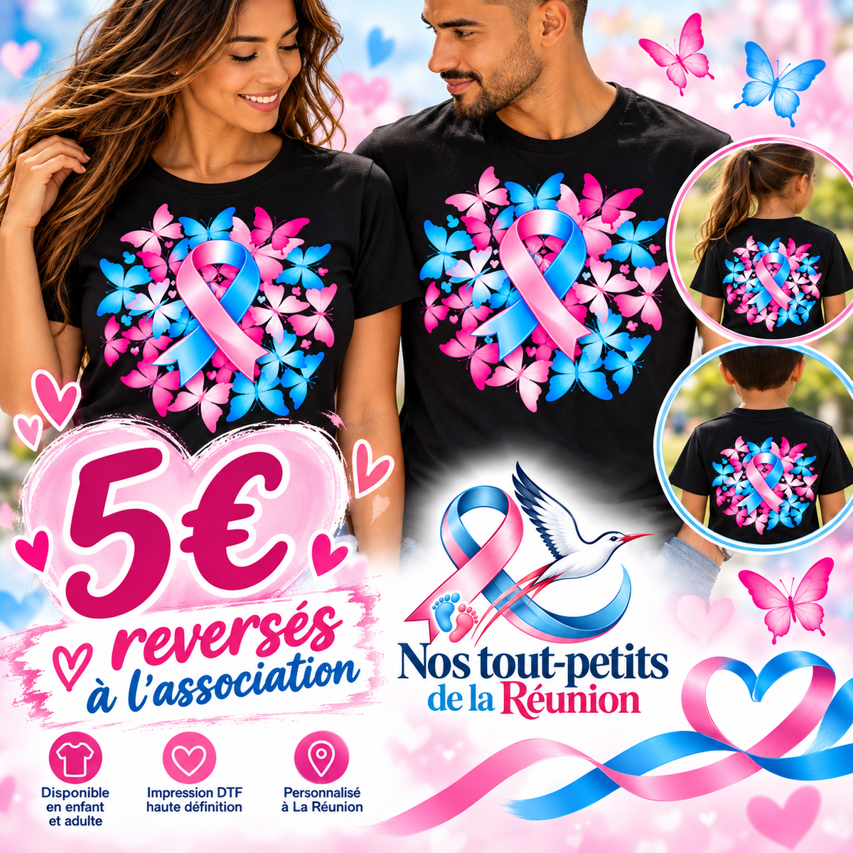 T-shirt blanc – L'Envol des Rubans Rose & Bleu | Nos Tout Petits