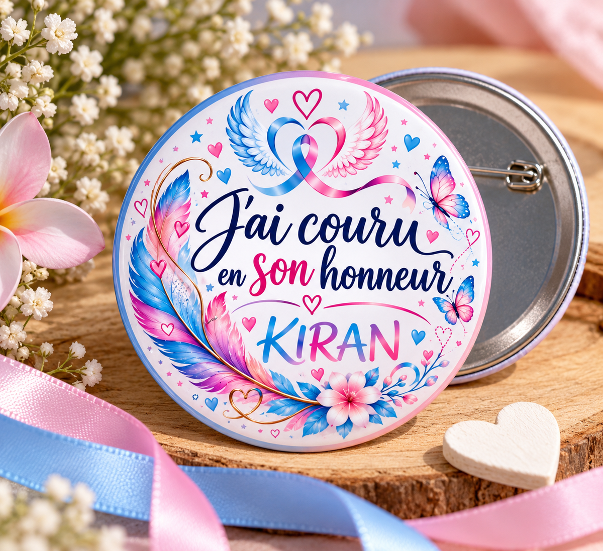 Badge épingle personnalisé « J’ai couru en son honneur » – 7,5 cm