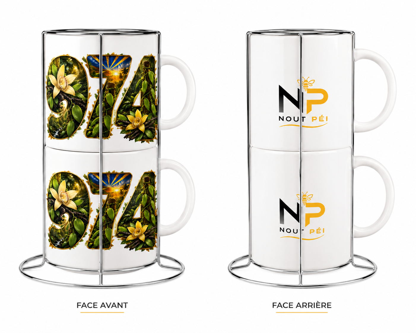 Coffret Duo 2 Tasses Blanches 8 oz avec Support – Édition Vanille de Bourbon | Nout Péi
