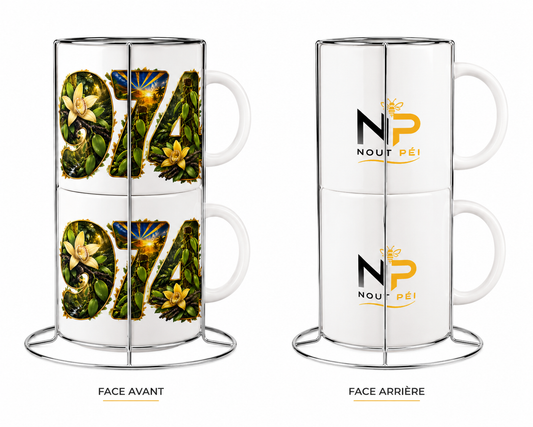 Coffret Duo 2 Tasses Blanches 8 oz avec Support – Édition Vanille de Bourbon | Nout Péi