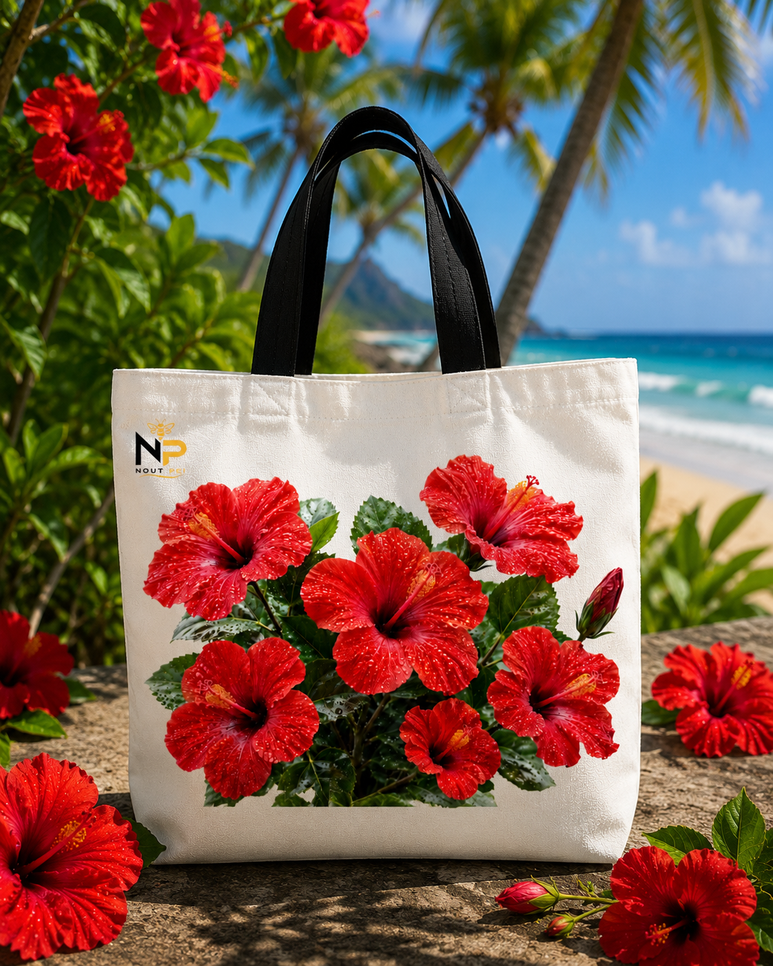 Tote Bag Nout Péi – Édition Hibiscus Rouge