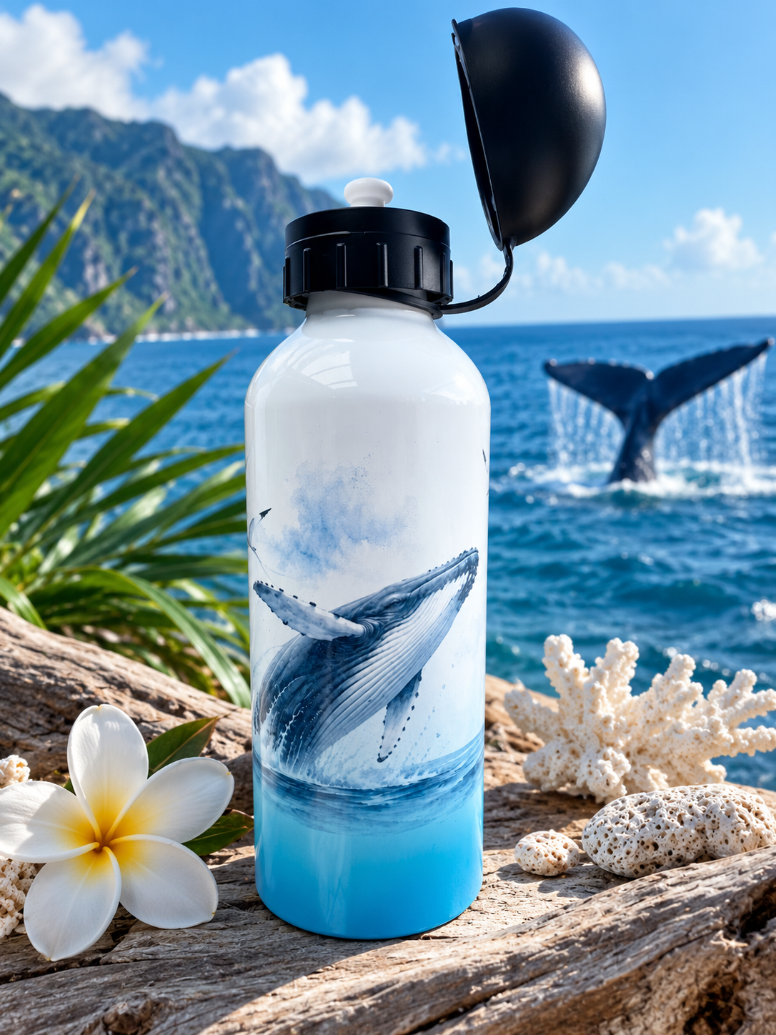 Gourde Aluminium 600 ml Dégradé Bleu – Édition Baleine à Bosse | Nout Péi