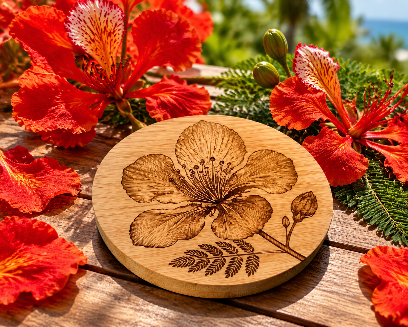 Sous-Verres Ronds en Bambou Gravés – Lot de 4 avec Support | Édition Flamboyant
