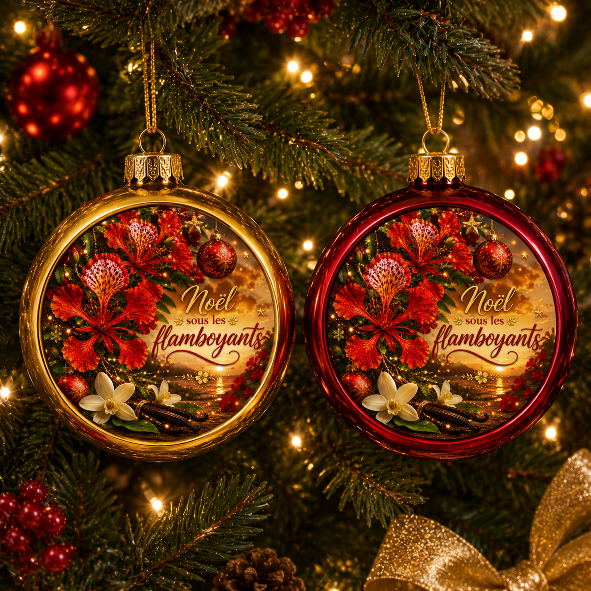 Boule de Noël Rouge ou Or 8 cm – Édition Noël sous les Flamboyants & Vanille | Nout Péi