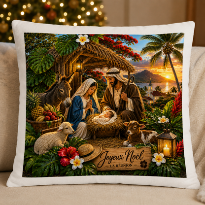 Oreiller Nativité Péi – Crèche Tropicale de Noël 40 × 40 cm/ NOUT PEI