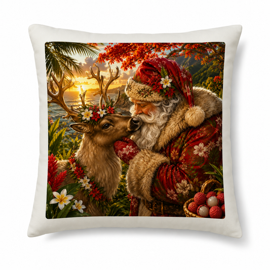 Oreiller Noël Péi – Père Noël & Renne sous les Tropiques 40 × 40 cm/ NOUT PEI