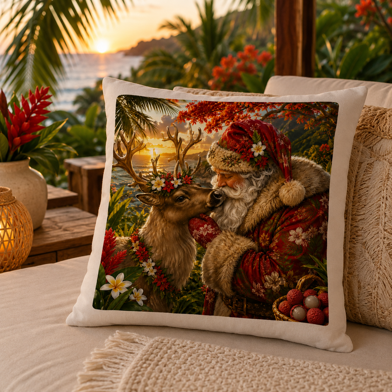 Oreiller Noël Péi – Père Noël & Renne sous les Tropiques 40 × 40 cm/ NOUT PEI