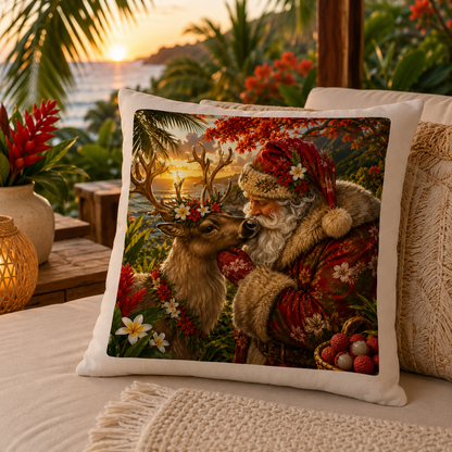 Oreiller Noël Péi – Père Noël & Renne sous les Tropiques 40 × 40 cm/ NOUT PEI
