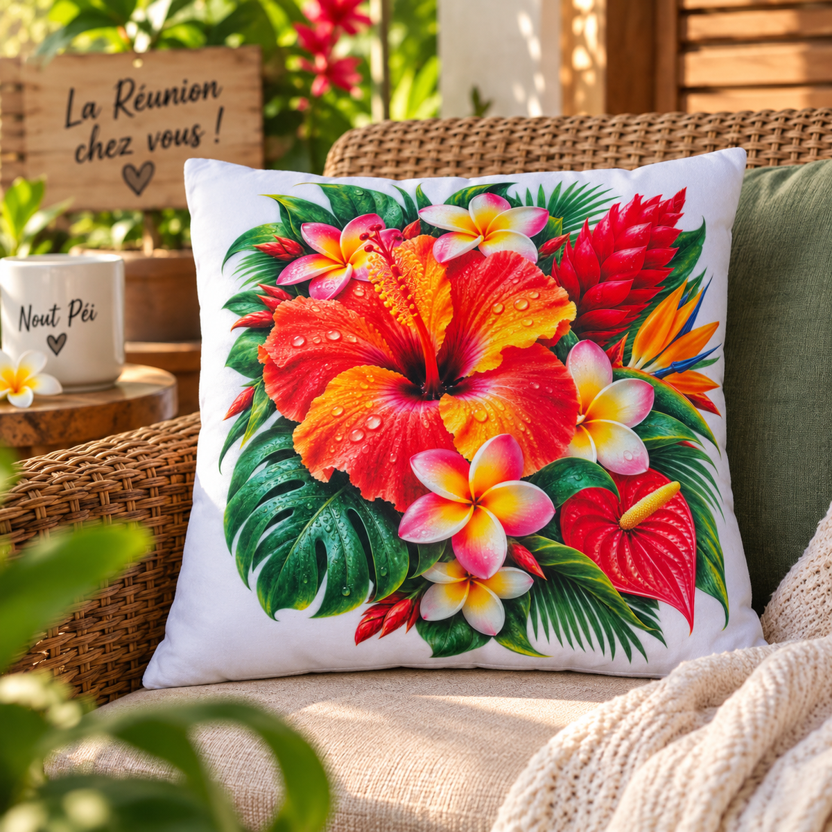 Oreiller Tropical Fleurs de La Réunion – 40 × 40 cm – Effet Peluche| Nout Pei