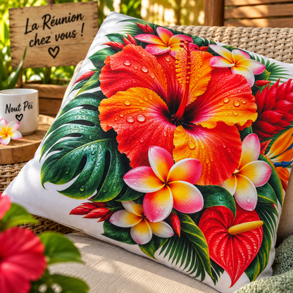 Oreiller Tropical Fleurs de La Réunion – 40 × 40 cm – Effet Peluche| Nout Pei