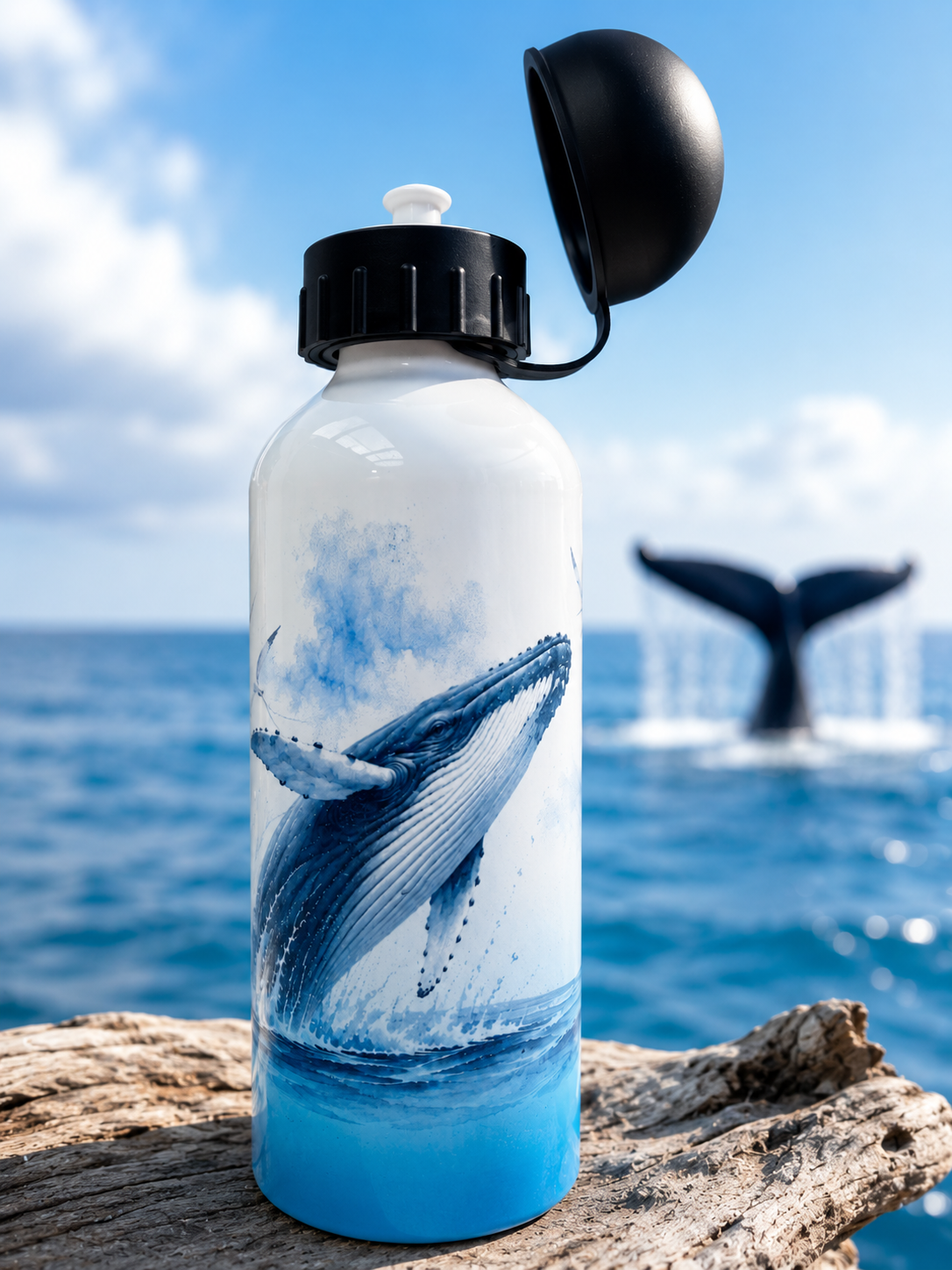 Gourde Aluminium 600 ml Dégradé Bleu – Édition Baleine à Bosse | Nout Péi