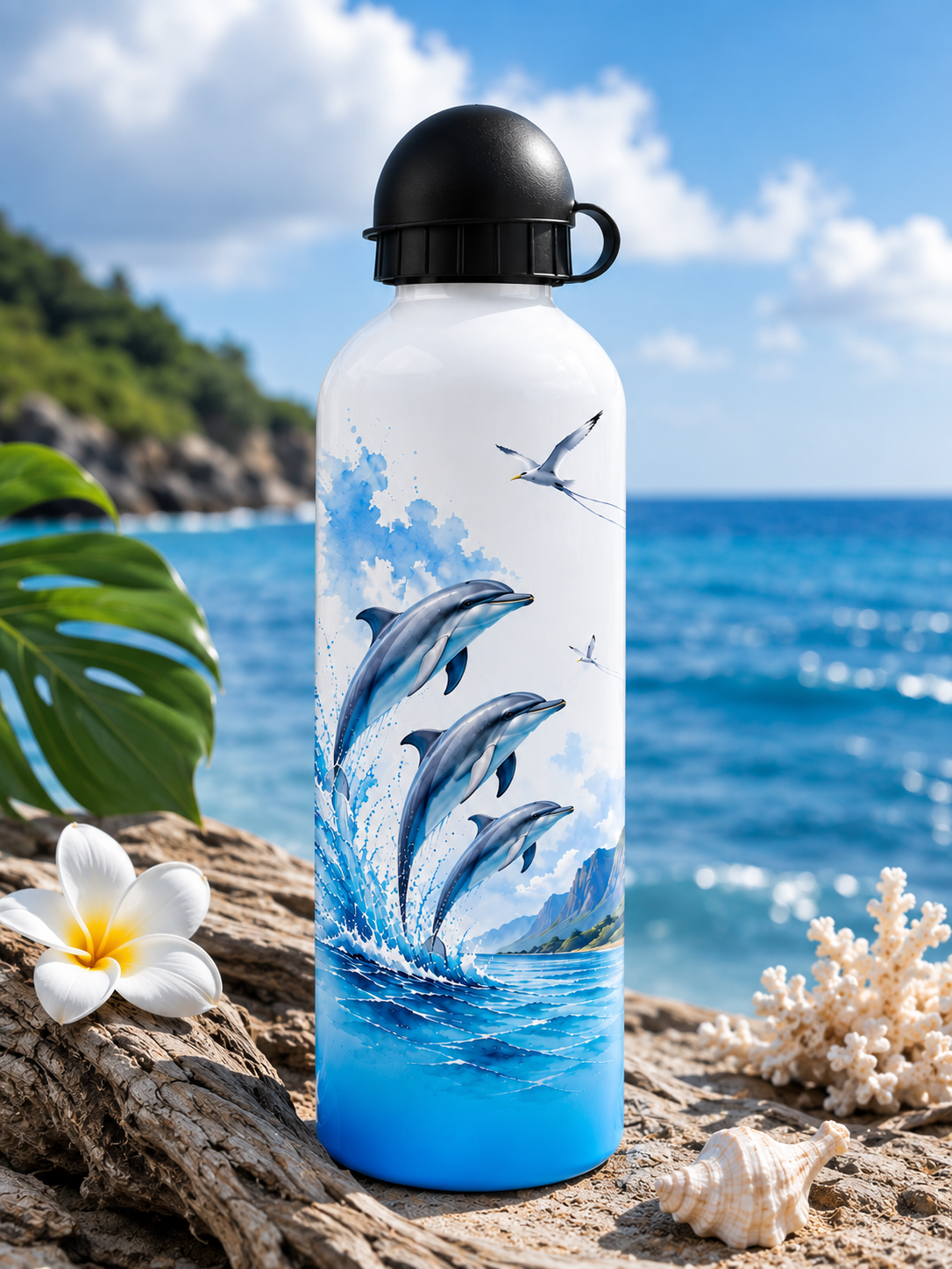 Gourde Aluminium 600 ml Dégradé Bleu – Édition Dauphins | Nout Péi