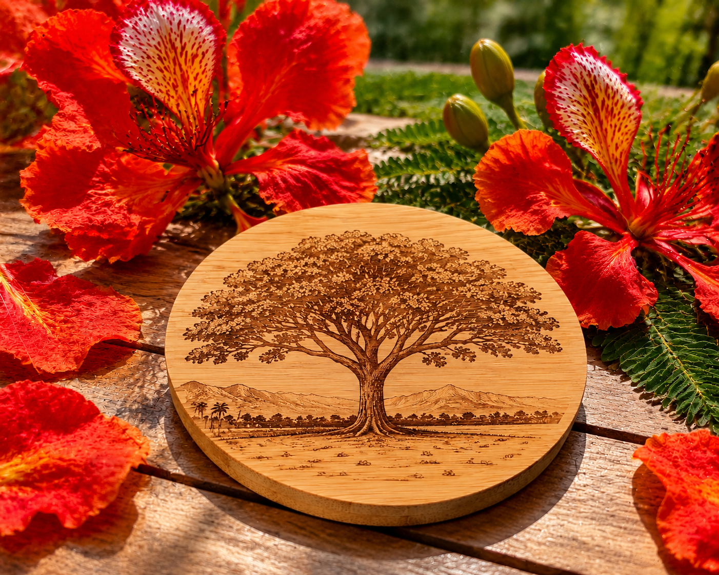Sous-Verres Ronds en Bambou Gravés – Lot de 4 avec Support | Édition Flamboyant