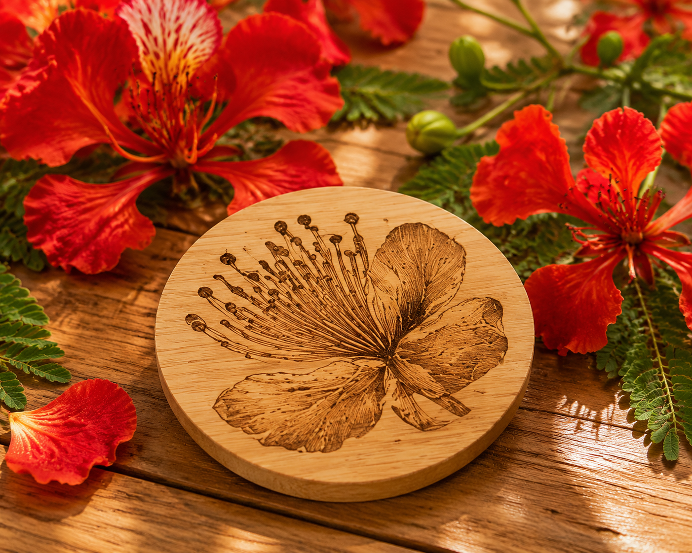 Sous-Verres Ronds en Bambou Gravés – Lot de 4 avec Support | Édition Flamboyant