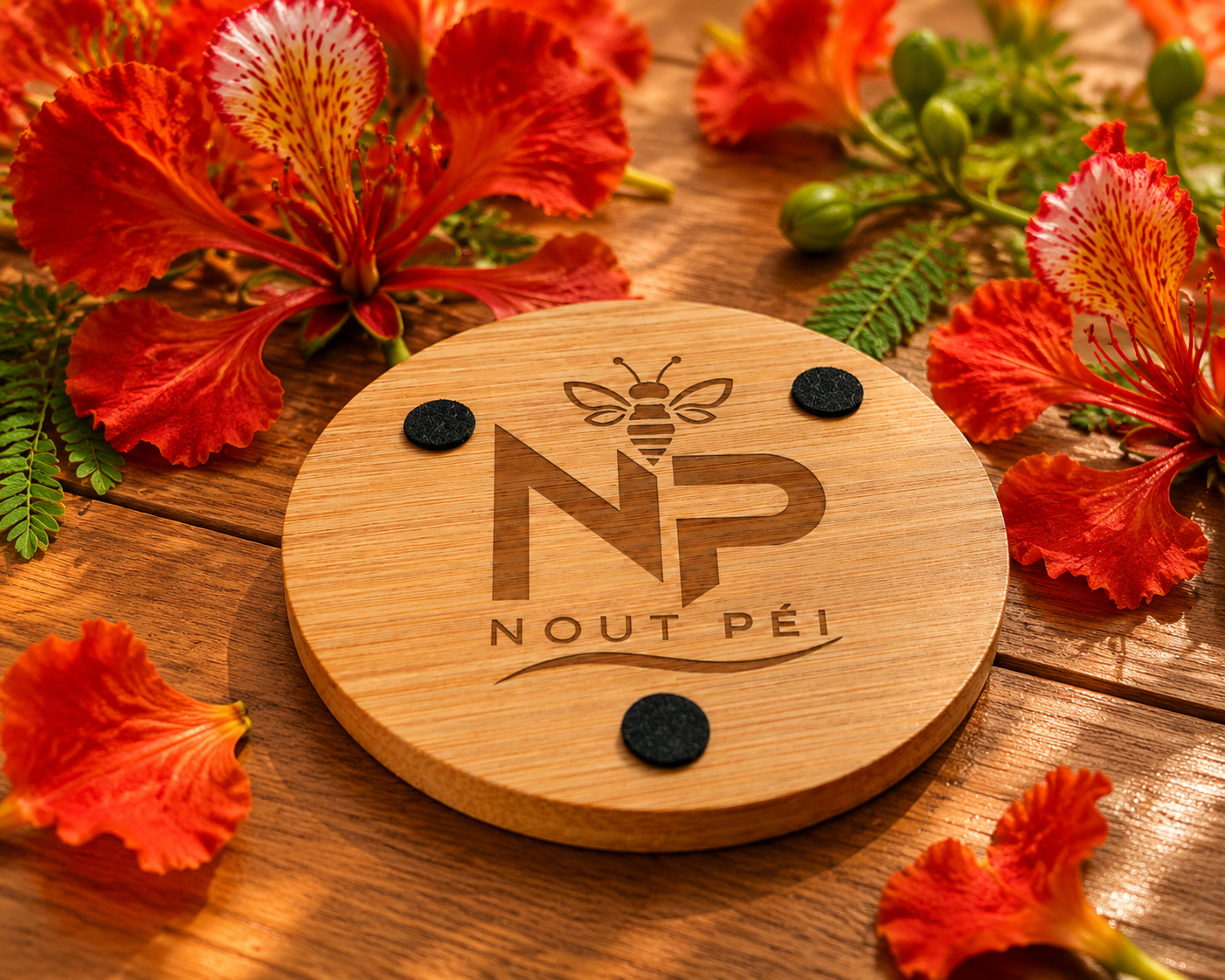 Sous-Verres Ronds en Bambou Gravés – Lot de 4 avec Support | Édition Flamboyant