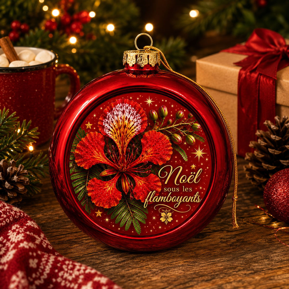 Boule de Noël Personnalisée Rouge – Édition Noël sous les Flamboyants | Nout Péi