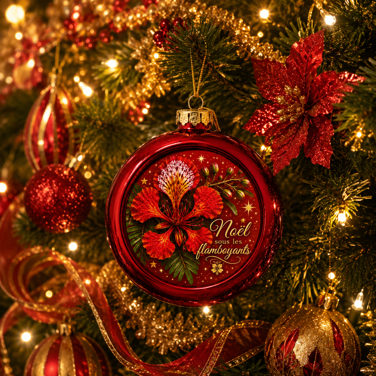 Boule de Noël Personnalisée Rouge – Édition Noël sous les Flamboyants | Nout Péi