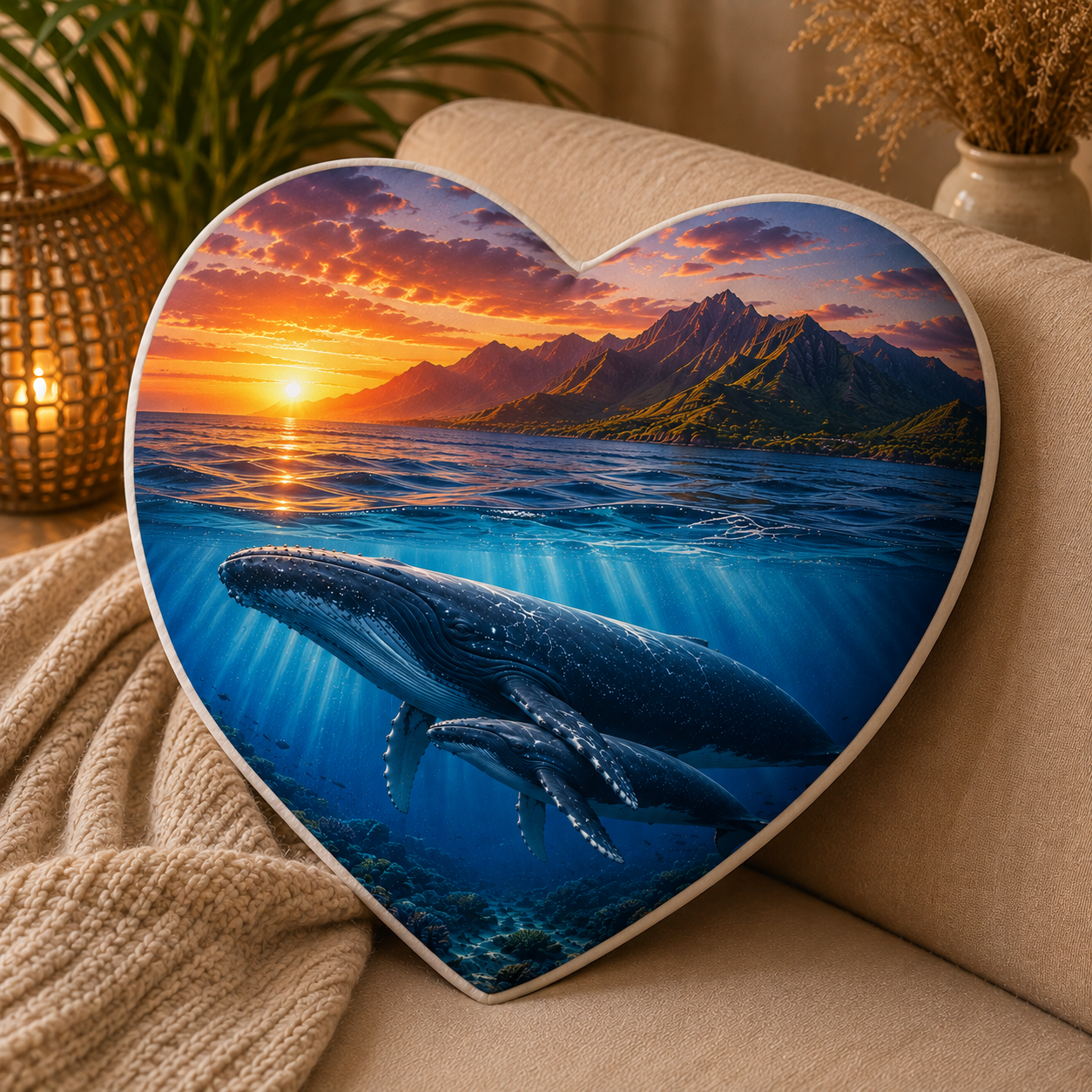 Oreiller Cœur Baleines de La Réunion – Effet Peach – 40 × 40 cm | Nout Pei