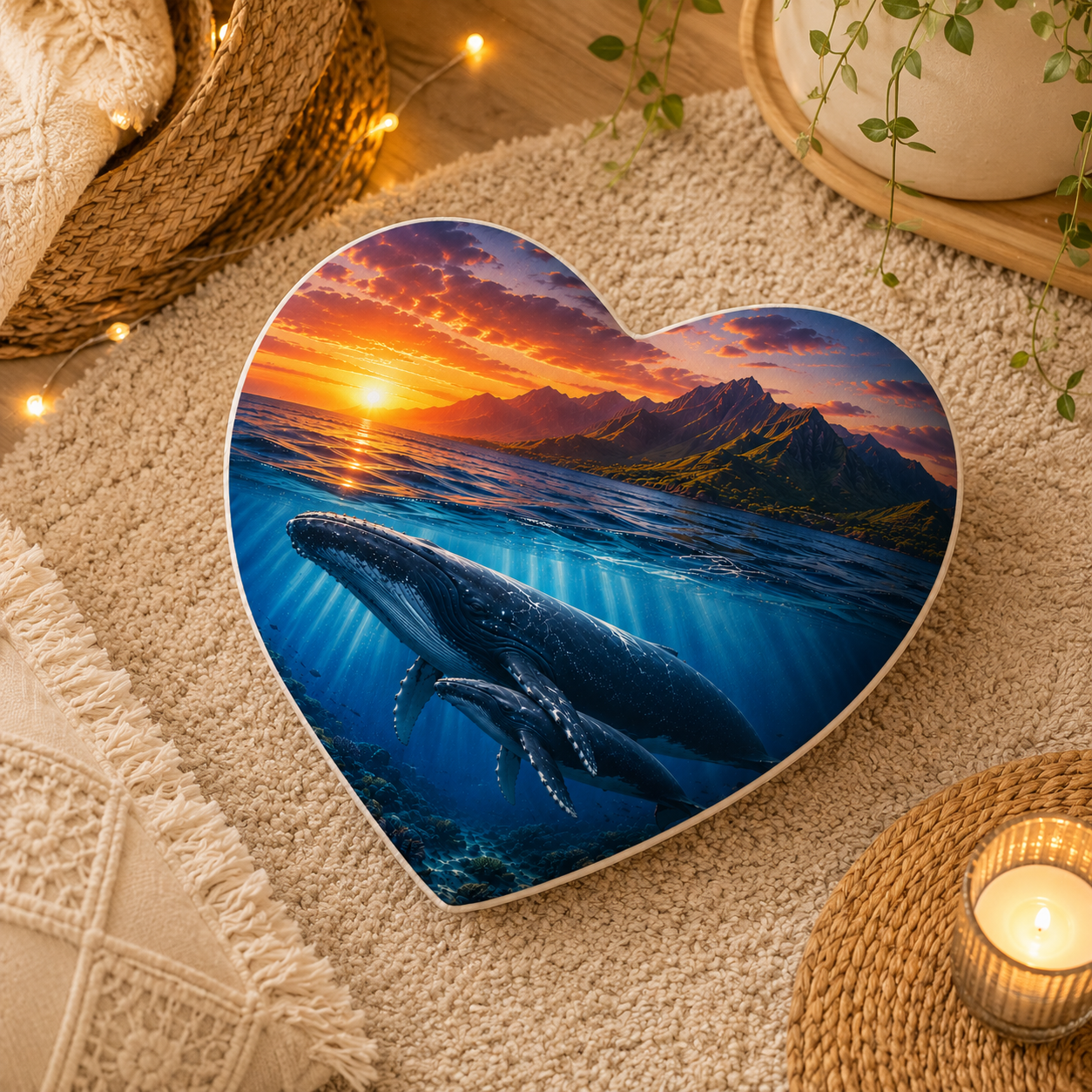 Oreiller Cœur Baleines de La Réunion – Effet Peach – 40 × 40 cm | Nout Pei