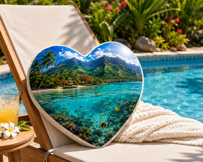 Oreiller Cœur Lagon de La Réunion – Effet Peach 40 × 40 cm | Nout Pei