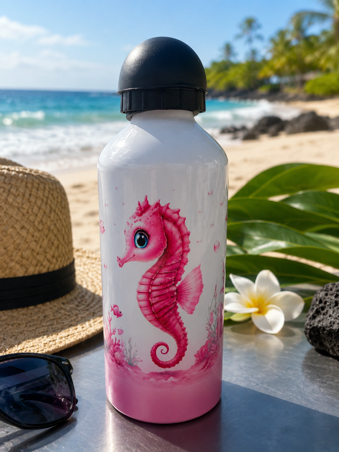 Gourde Aluminium 600 ml Personnalisable – Édition Ti Hippocampe Rose | Nout Péi