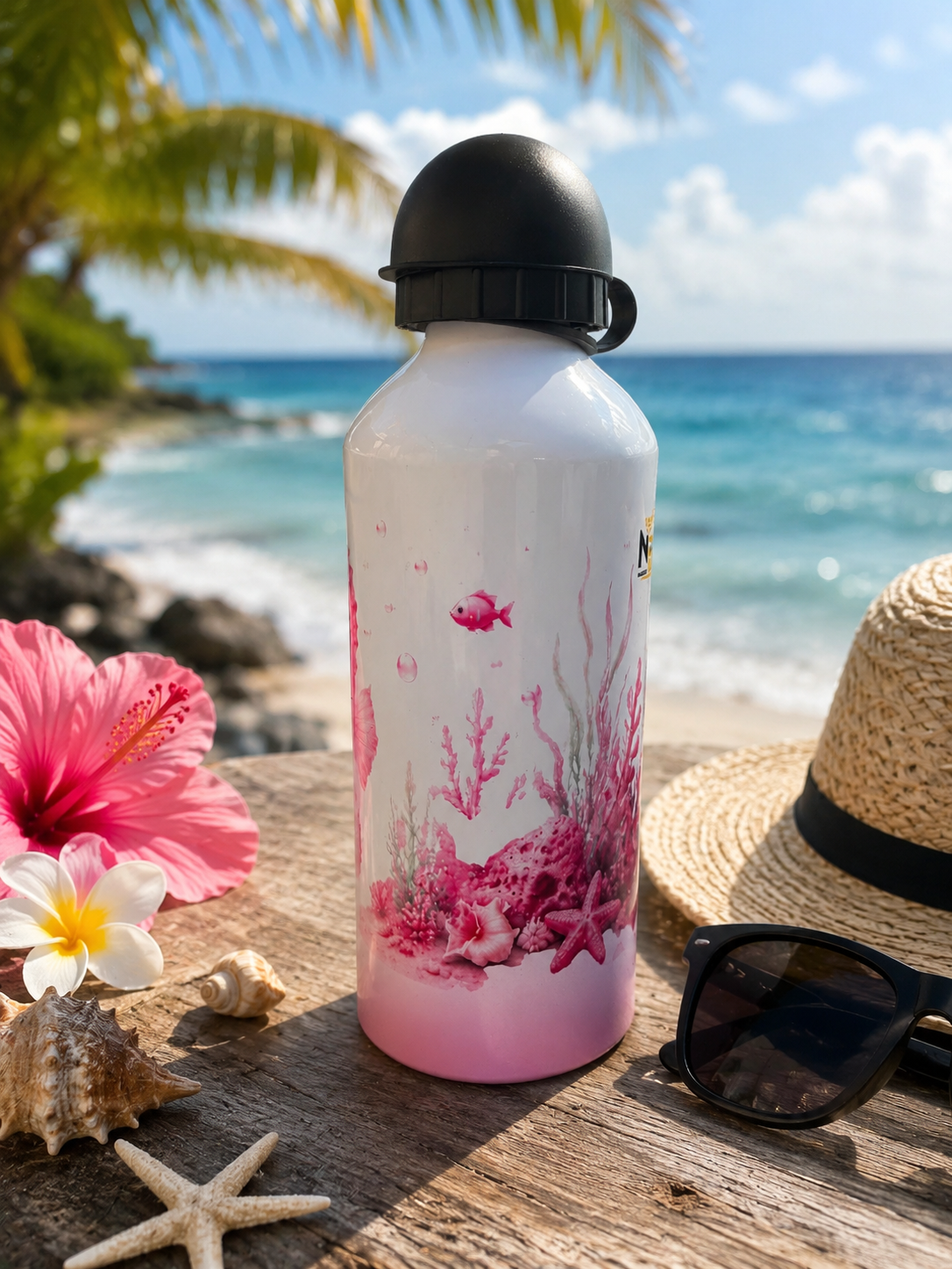 Gourde Aluminium 600 ml Personnalisable – Édition Ti Hippocampe Rose | Nout Péi
