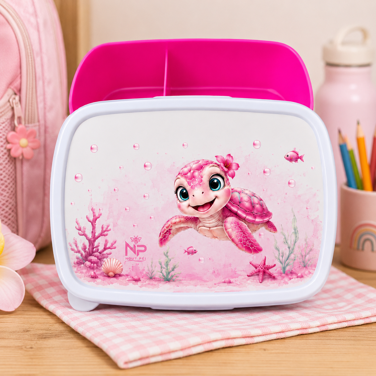 Boîte à Goûter Personnalisable – Édition Ti Tortue Rose | Nout Péi