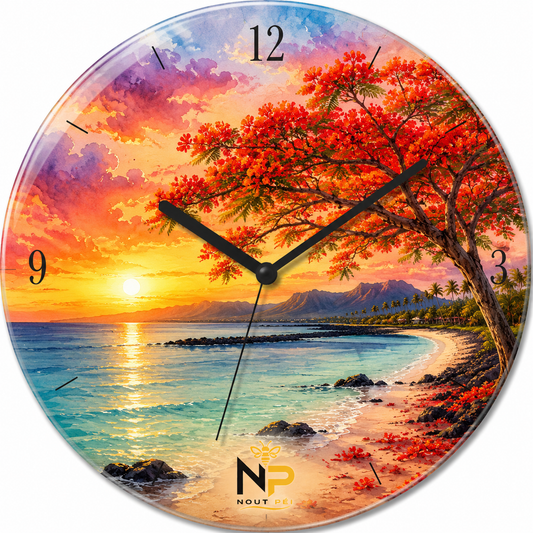 Horloge Murale en Verre – Édition Flamboyant & Lagon Réunion | Nout Péi