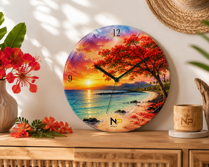Horloge Murale en Verre – Édition Flamboyant & Lagon Réunion | Nout Péi