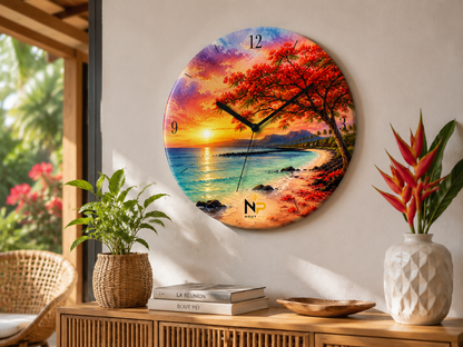 Horloge Murale en Verre – Édition Flamboyant & Lagon Réunion | Nout Péi