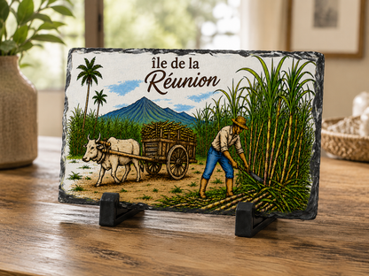 Cadre photo en ardoise 15x20 cm – Île de la Réunion – Champ de canne à sucre traditionnel