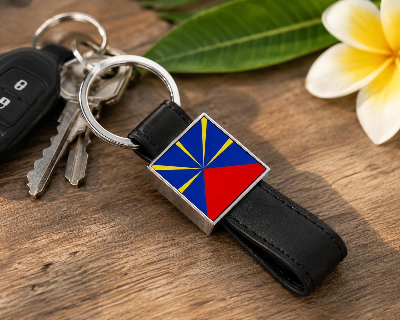 Porte-clé Drapeau de La Réunion – Simili Cuir Noir / Nout Pei