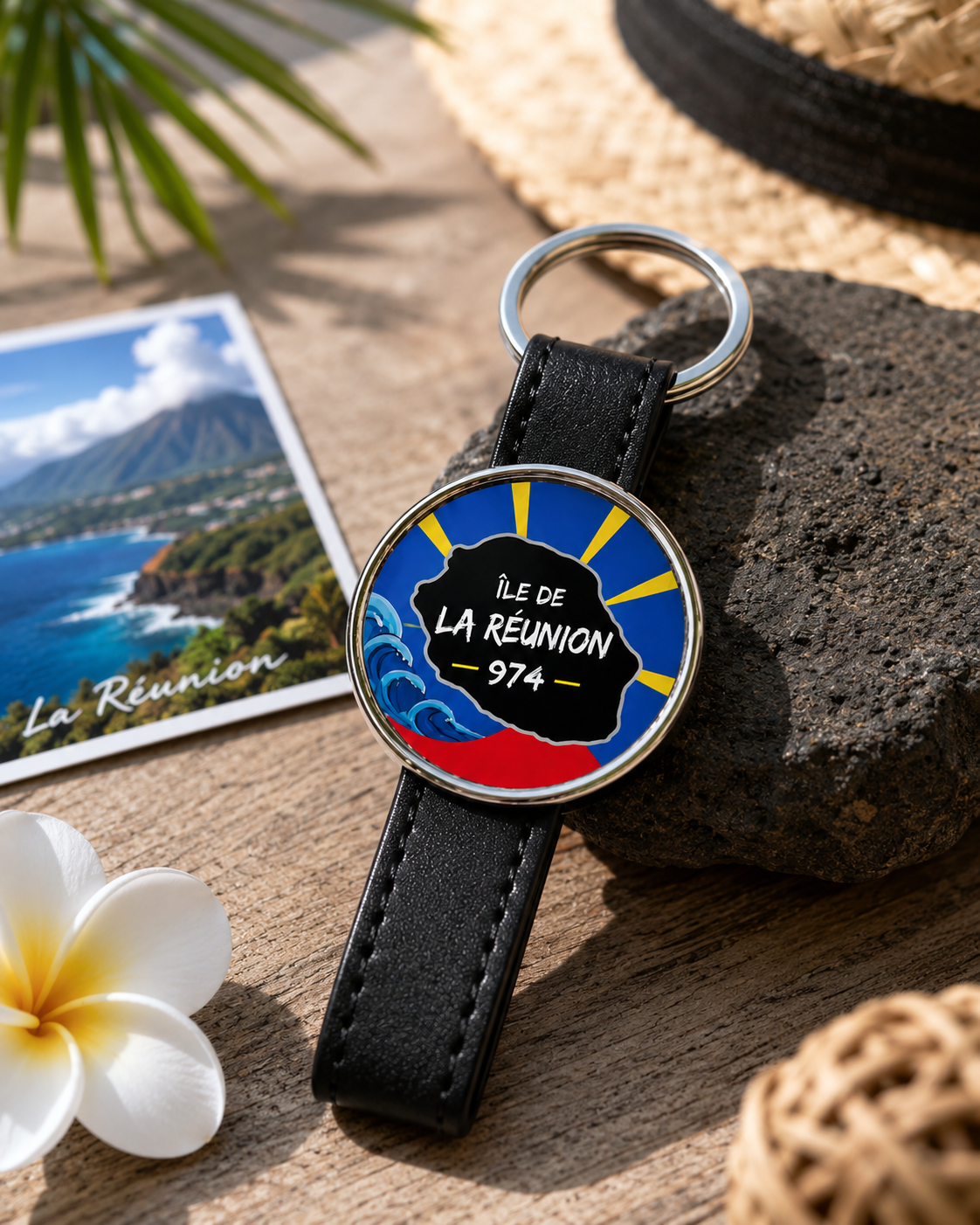 Porte-clé Île de La Réunion 974 – Simili Cuir Rond / Nout Pei