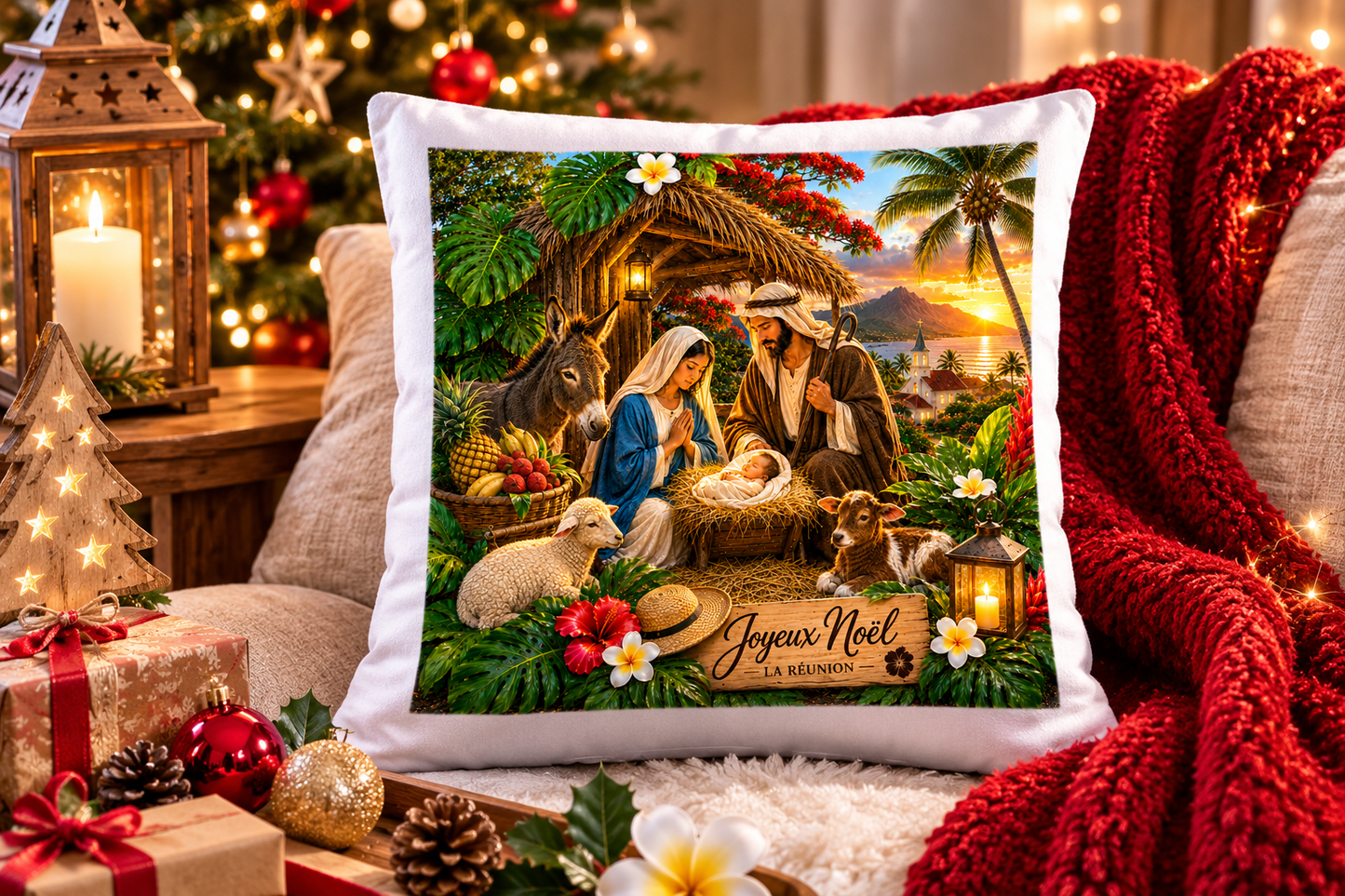 Oreiller Nativité Péi – Crèche Tropicale de Noël 40 × 40 cm/ NOUT PEI