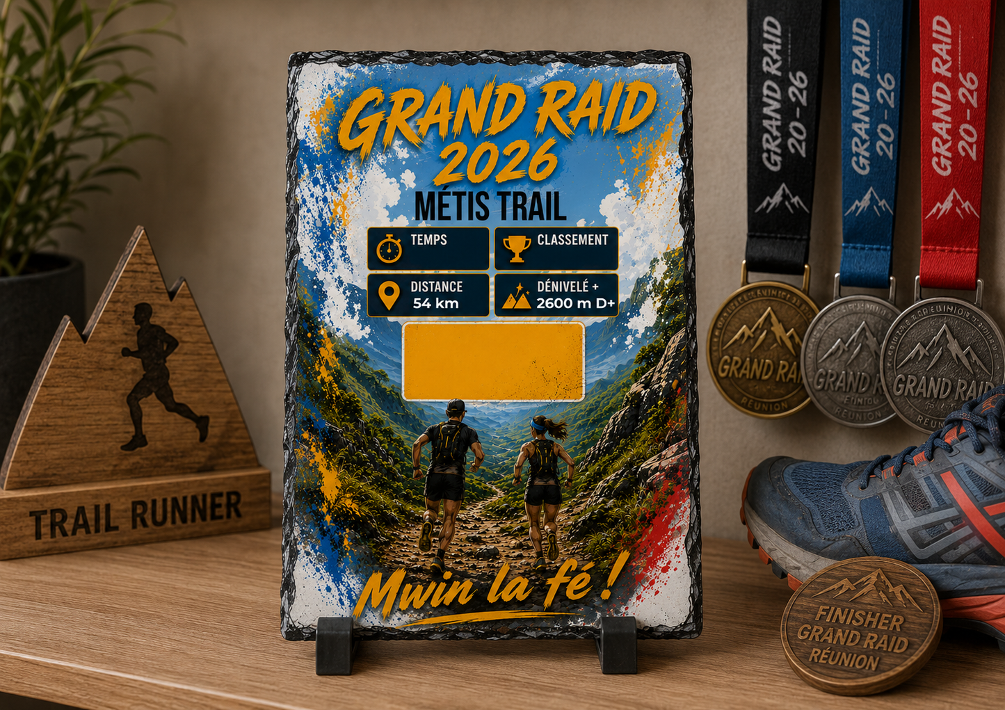 Cadre photo ardoise 15x20cm  Grand Raid 2026 Métis Trail personnalisé | Nout Péi