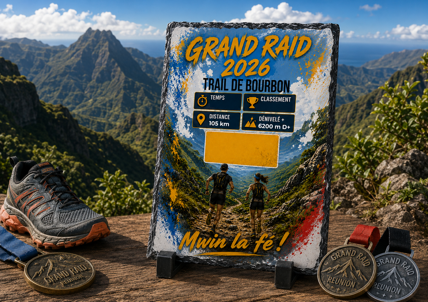 Cadre photo ardoise 15x20cm  Grand Raid 2026 Trail de Bourbon personnalisé | Nout Péi
