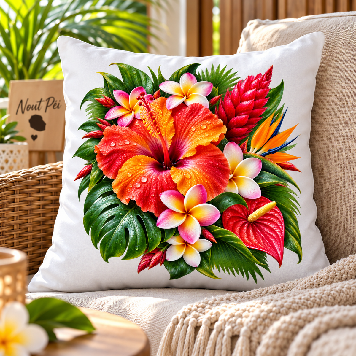 Oreiller Tropical Réunion 40 × 40 cm – Fleurs Exotiques | Nout Pei