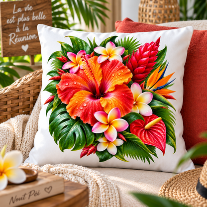 Oreiller Tropical Réunion 40 × 40 cm – Fleurs Exotiques | Nout Pei