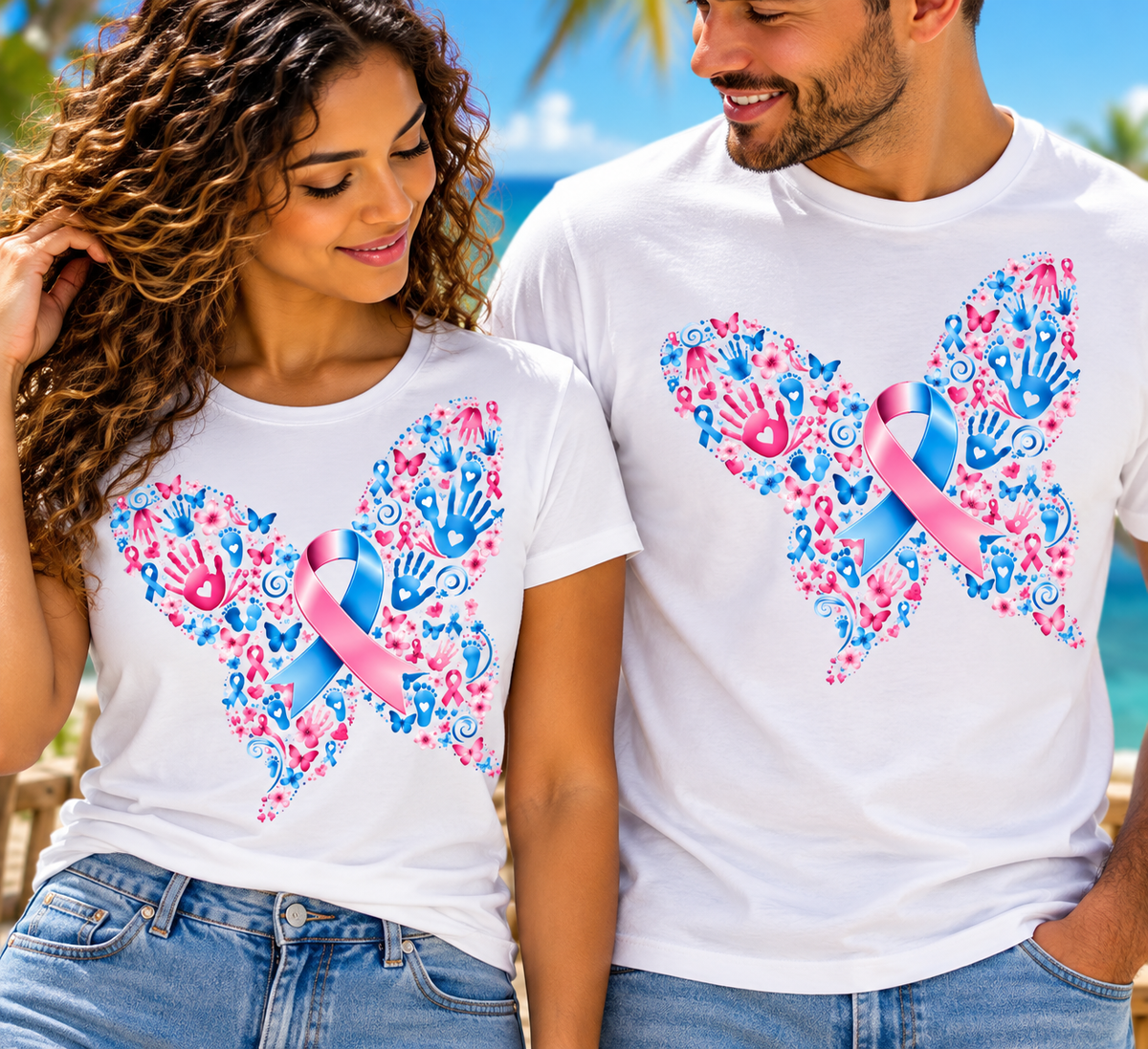 T-shirt Blanc – Empreintes d'Amour | Ruban Rose & Bleu