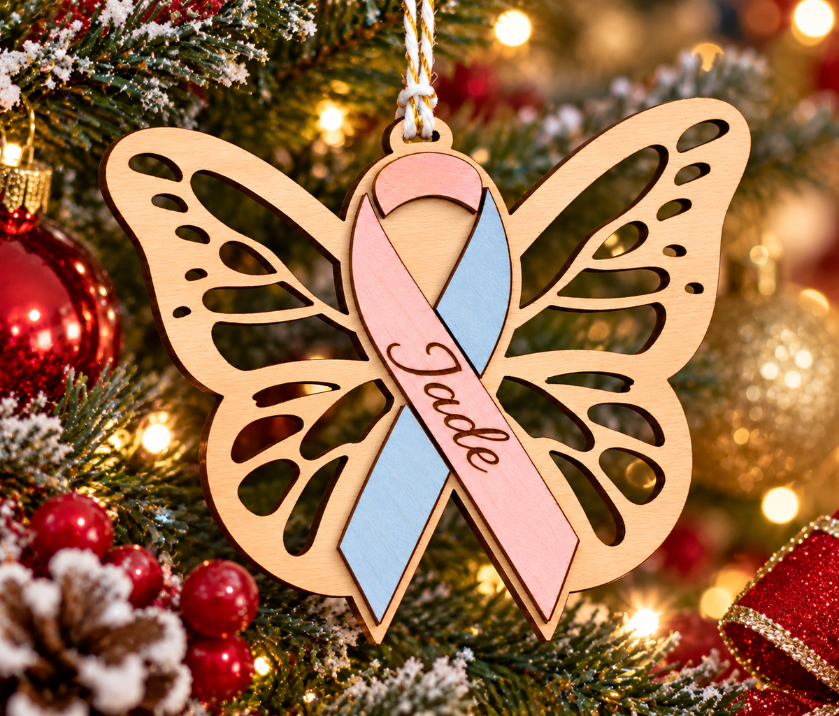 Papillon du Souvenir en Bois – Ruban Rose & Bleu Personnalisé avec Prénom