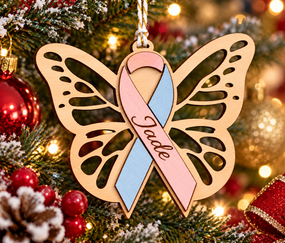Papillon du Souvenir en Bois – Ruban Rose & Bleu Personnalisé avec Prénom