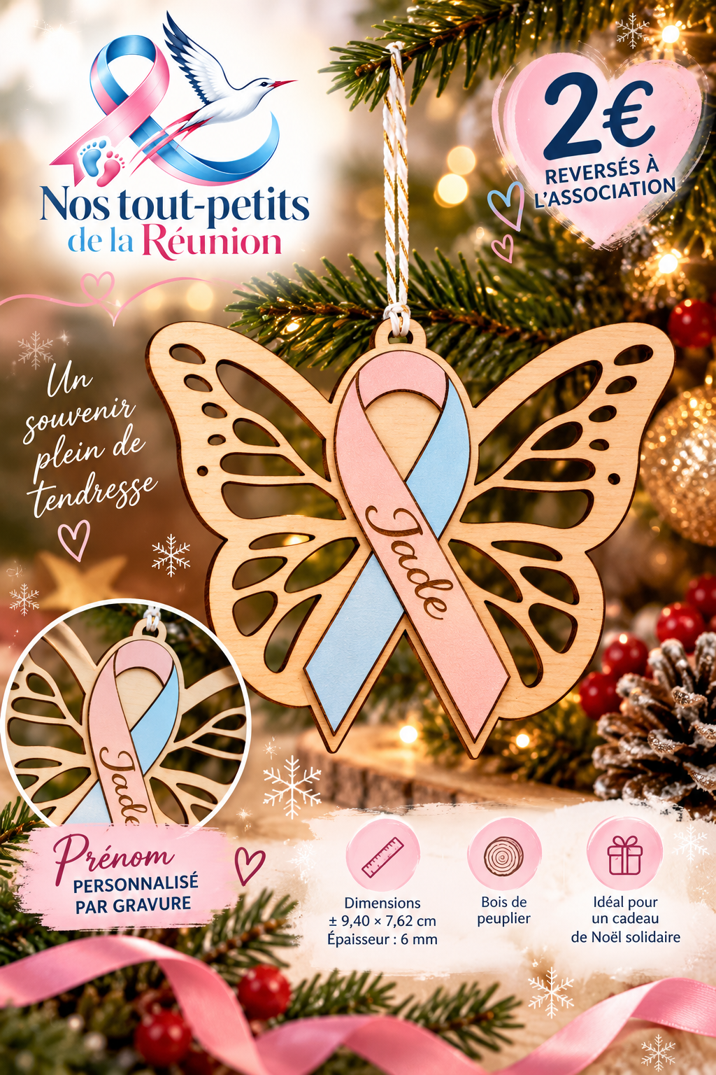 Papillon du Souvenir en Bois – Ruban Rose & Bleu Personnalisé avec Prénom
