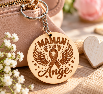 Porte-clés en bois « Maman d’un Ange » – Gravure laser – Solidaire