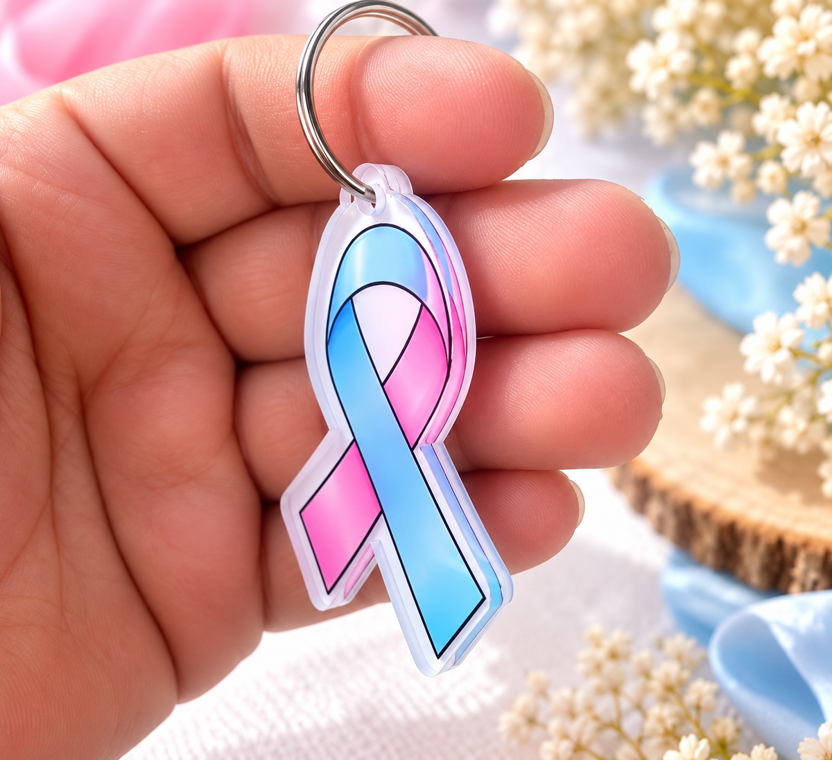 Porte-clés Ruban Rose et Bleu – Deuil Périnatal – Plexiglas