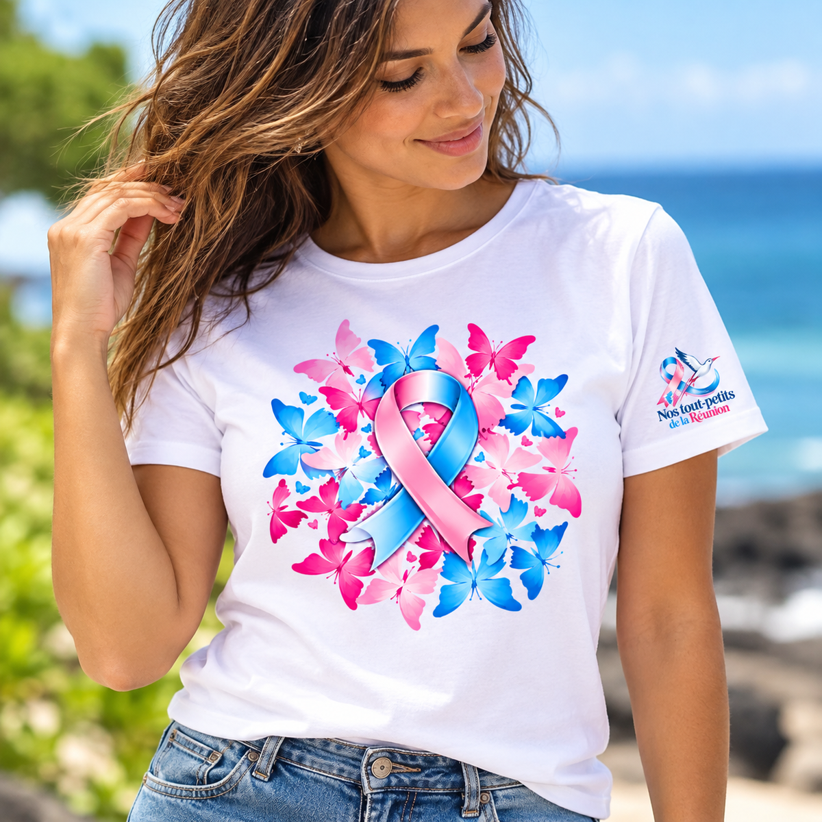 T-shirt blanc Ruban Rose & Bleu et Papillons | Nos Tout Petits